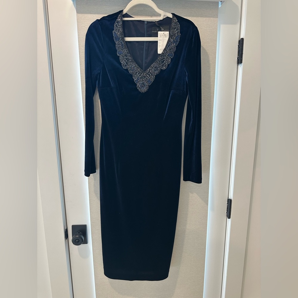 Super Elegant Navy Blue velvet midi Dress with beaded Detail